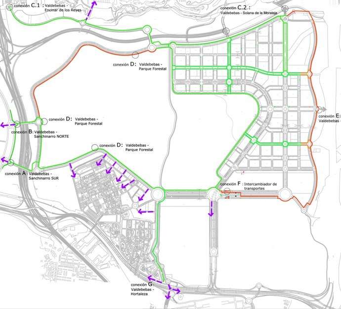 Plano de carriles bici de Valdebebas abiertos a agosto 2013