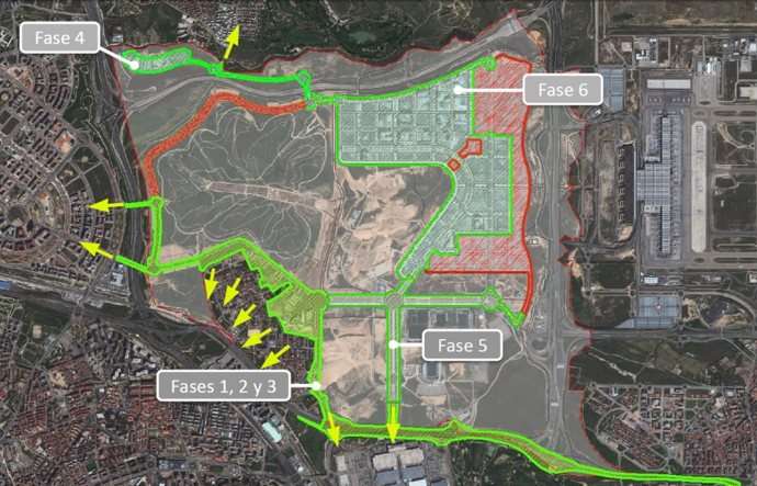 Plano del viario abierto en Valdebebas en agosto de 2013 (áreas en verde)