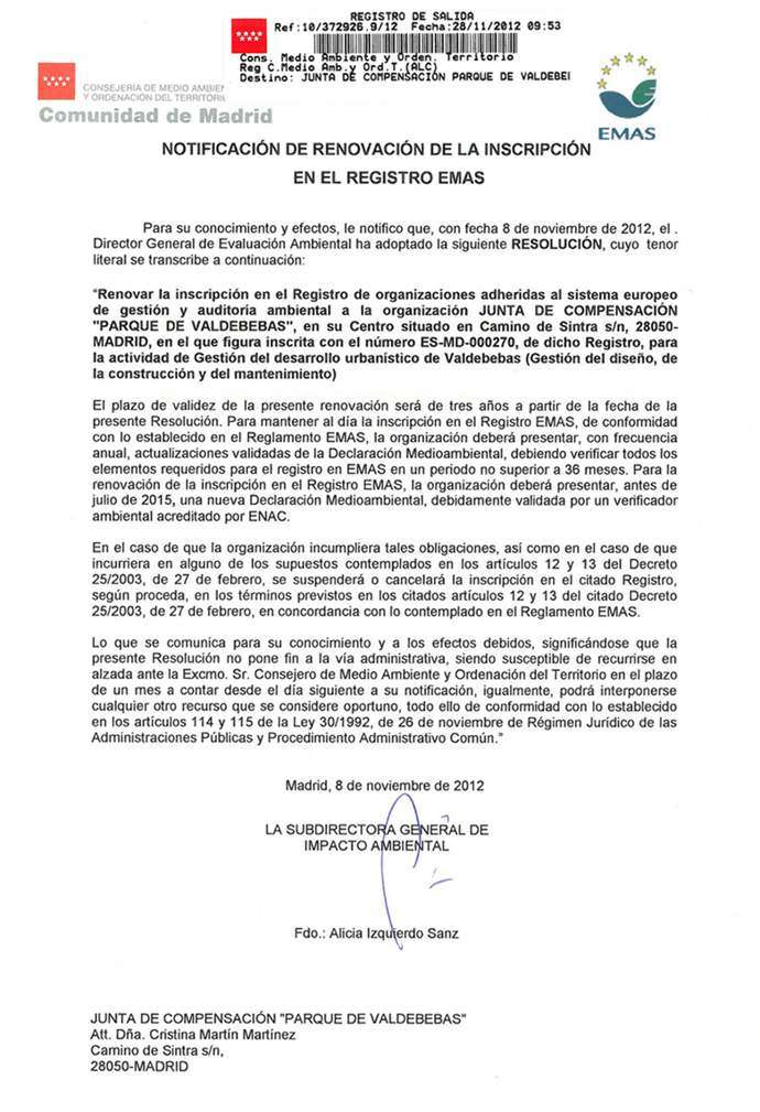 Documento Renovación del EMAS 3 (AENOR-COMUNIDAD DE MADRID) Valdebebas 2012